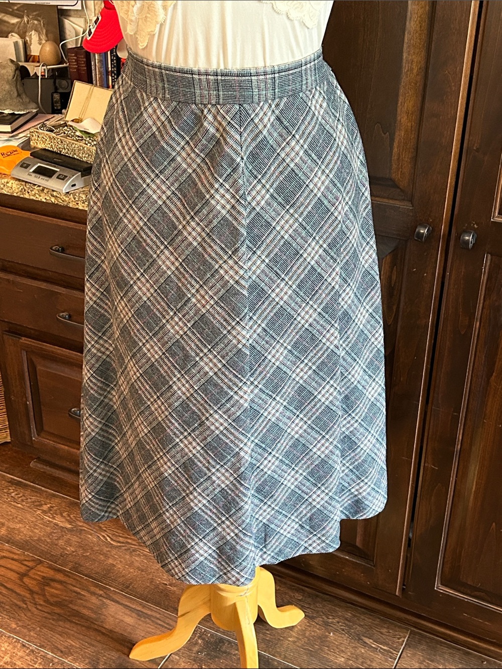 1970’s Sz S Plaid A-Line Midi Skirt in Blue Union Made
